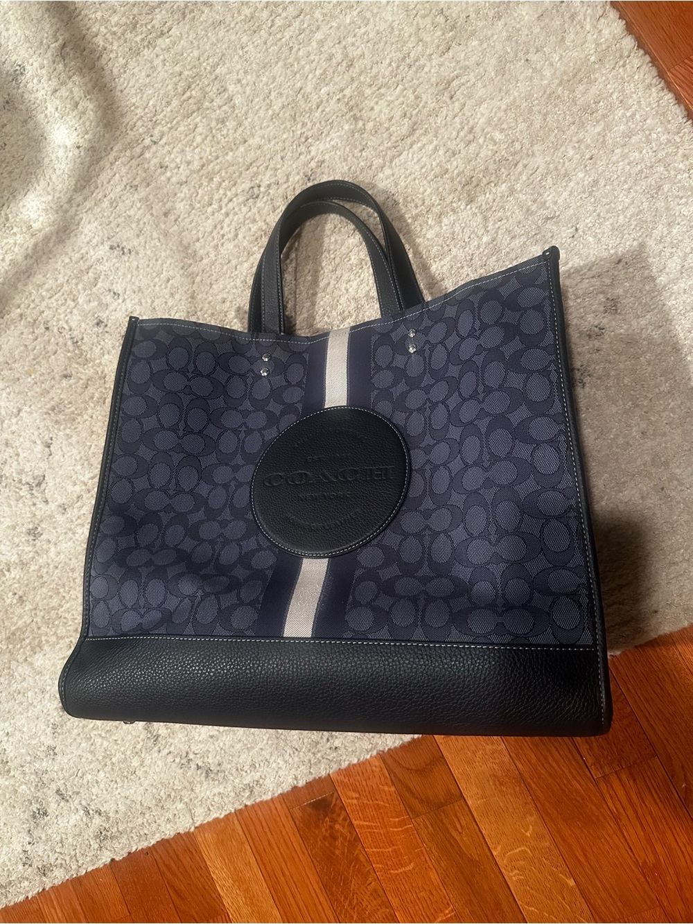 Coach Navy Signature Jacquard Tote Bag with Leather Trim & Center Stripe - Picture 4 of 11